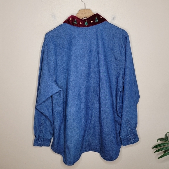 Karen Scott | Denim Button Up Shirt with Removable Christmas Tree Collar Size 1X - Picture 7 of 7